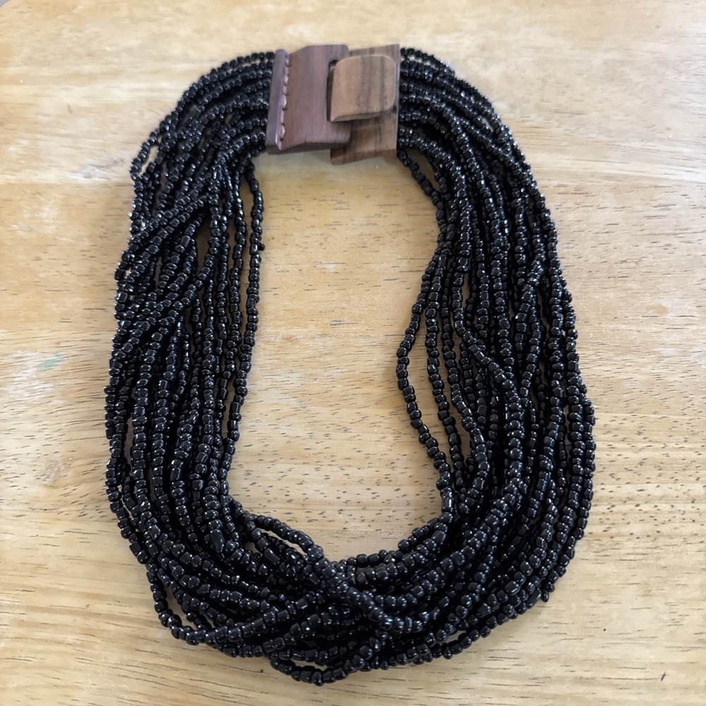 Bali Beaded Multi Strand Waterfall Necklace Fancy Wooden Clasp 18-20"-Boho